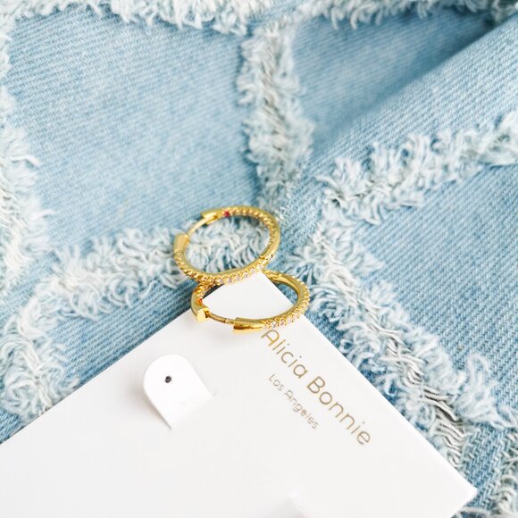 Alicia Bonnie Twinkle Delight Gold White Crystal Small Hoop Earrings Trendy Jewe - Picture 2 of 3